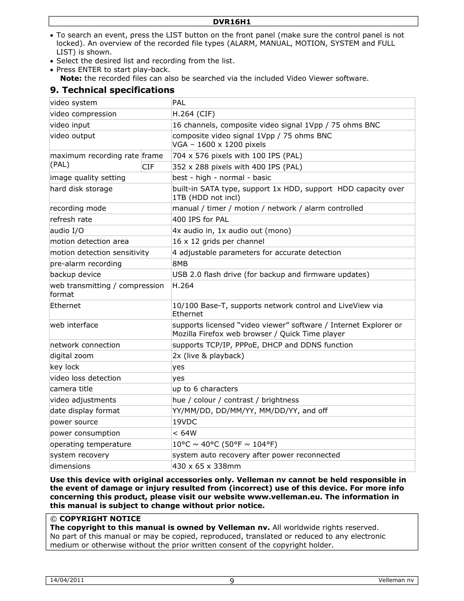 Velleman DVR16H1 Quick Installation Guide User Manual | Page 9 / 39