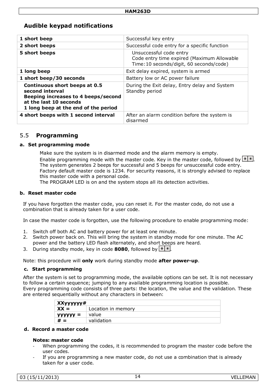 Audible keypad notifications, 5 programming | Velleman HAM263D User Manual | Page 14 / 88