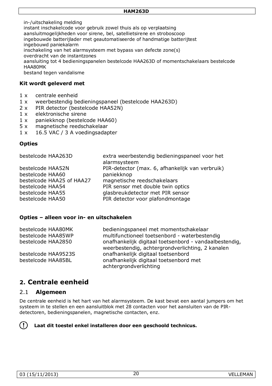 Centrale eenheid | Velleman HAM263D User Manual | Page 20 / 88
