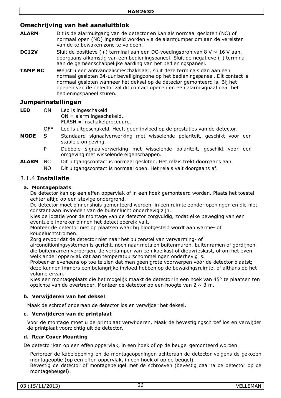 Omschrijving van het aansluitblok, Jumperinstellingen, 4 installatie | Velleman HAM263D User Manual | Page 26 / 88