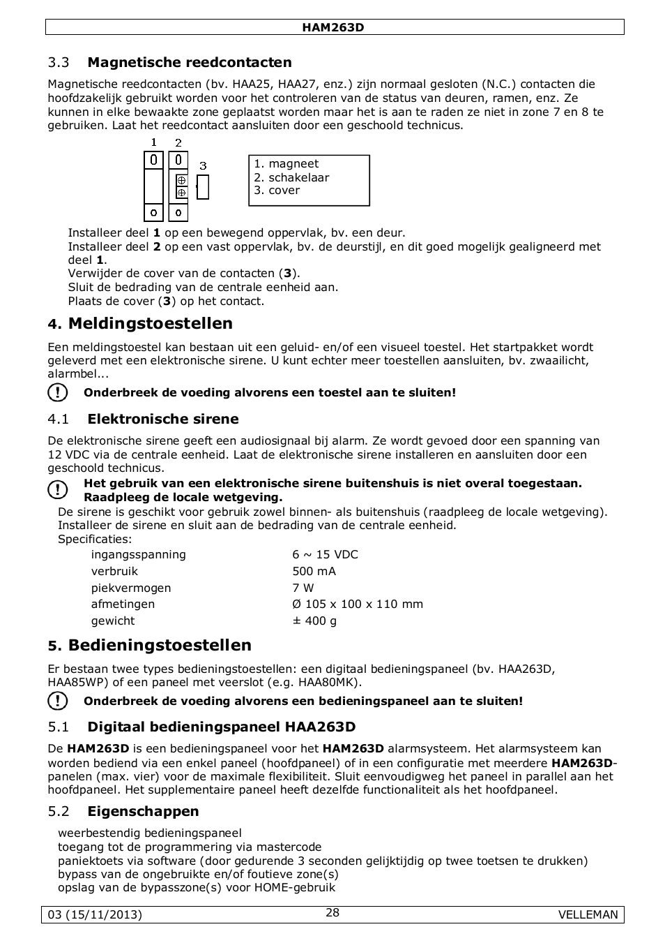 Meldingstoestellen, Bedieningstoestellen | Velleman HAM263D User Manual | Page 28 / 88