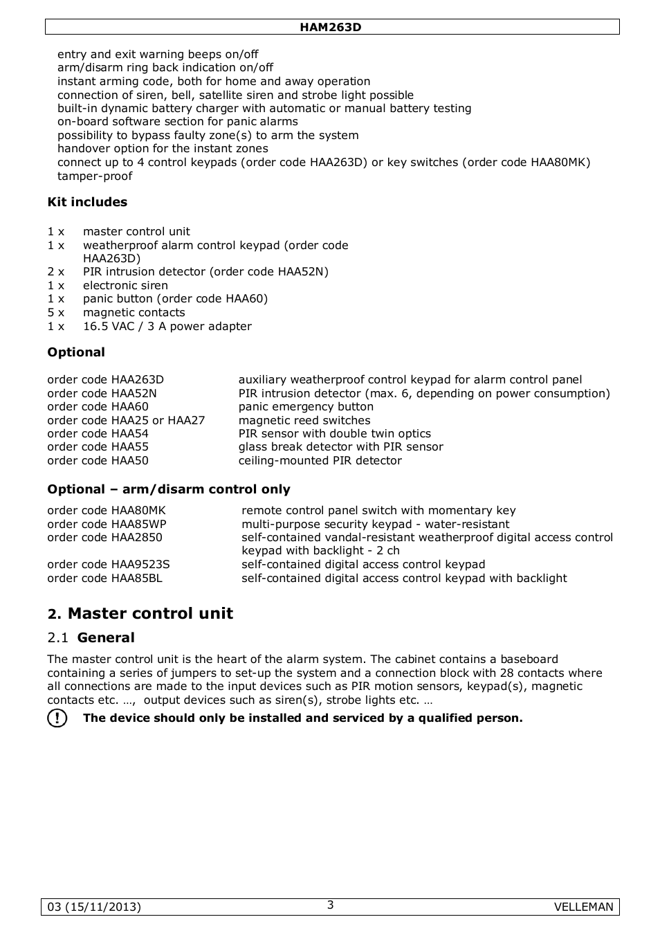 Master control unit | Velleman HAM263D User Manual | Page 3 / 88