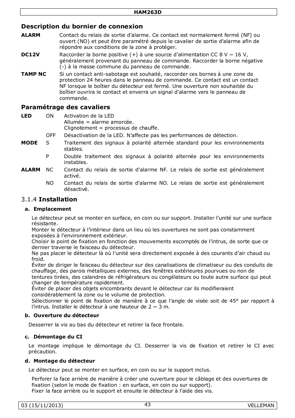 Description du bornier de connexion, Paramétrage des cavaliers, 4 installation | Velleman HAM263D User Manual | Page 43 / 88