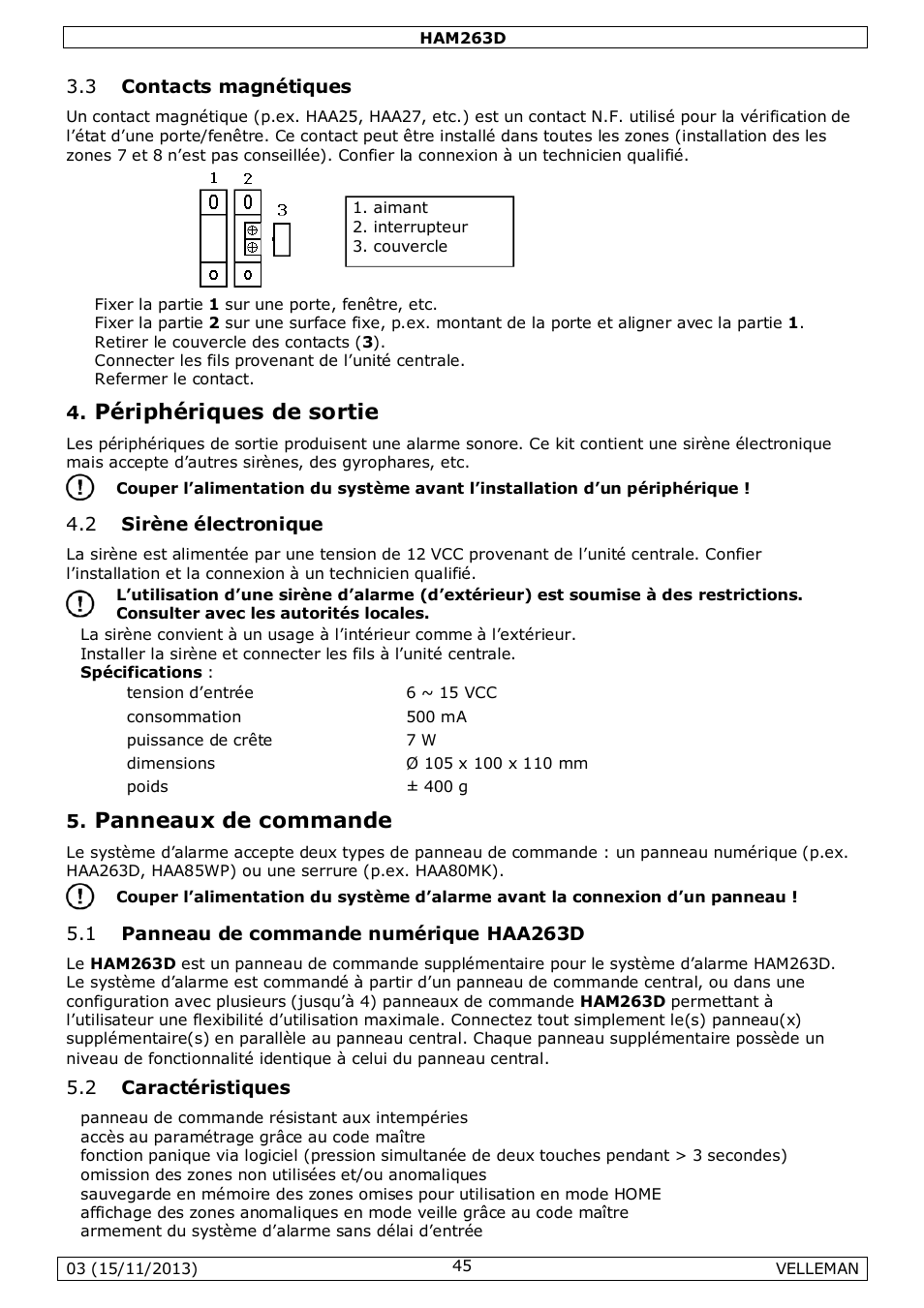 Périphériques de sortie, Panneaux de commande | Velleman HAM263D User Manual | Page 45 / 88