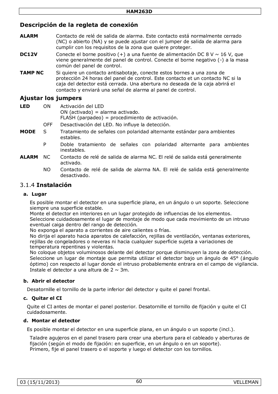 Descripción de la regleta de conexión, Ajustar los jumpers, 4 instalación | Velleman HAM263D User Manual | Page 60 / 88