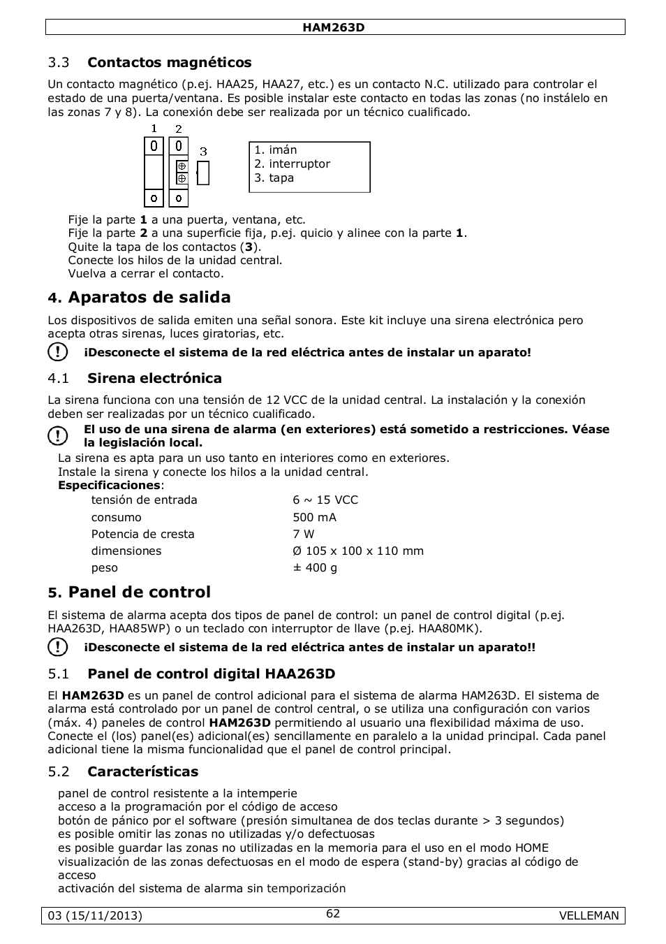 Aparatos de salida, Panel de control | Velleman HAM263D User Manual | Page 62 / 88