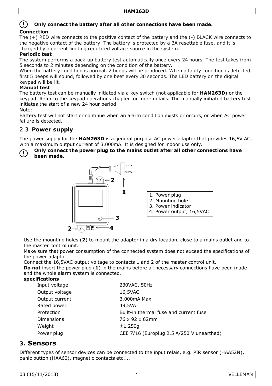 Sensors | Velleman HAM263D User Manual | Page 7 / 88