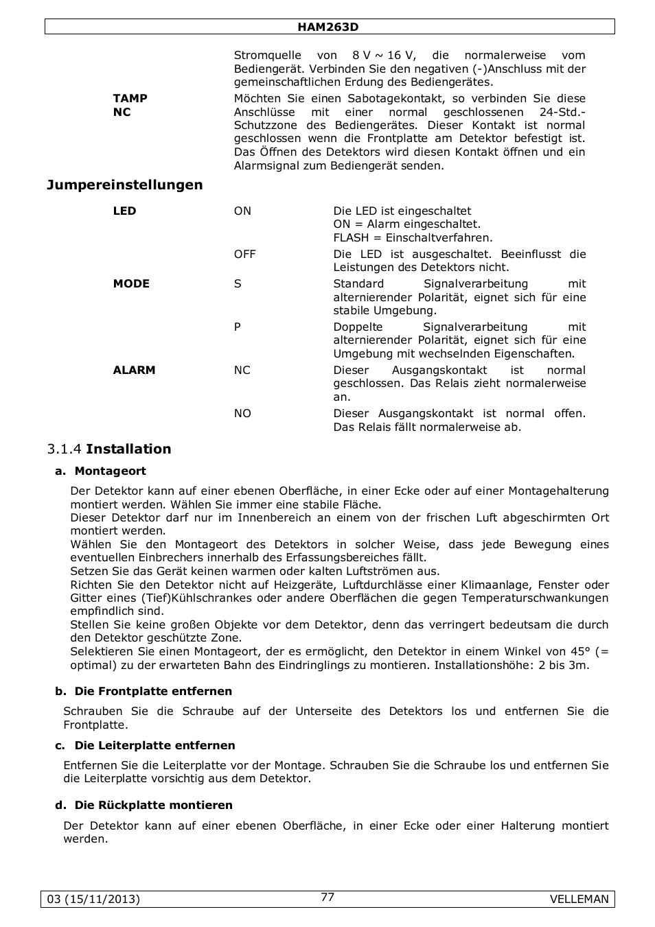 Jumpereinstellungen, 4 installation | Velleman HAM263D User Manual | Page 77 / 88