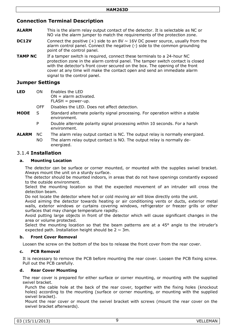 Connection terminal description, Jumper settings, 4 installation | Velleman HAM263D User Manual | Page 9 / 88