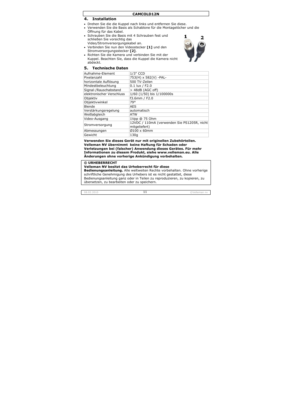 Velleman CAMCOLD12N User Manual | Page 11 / 21