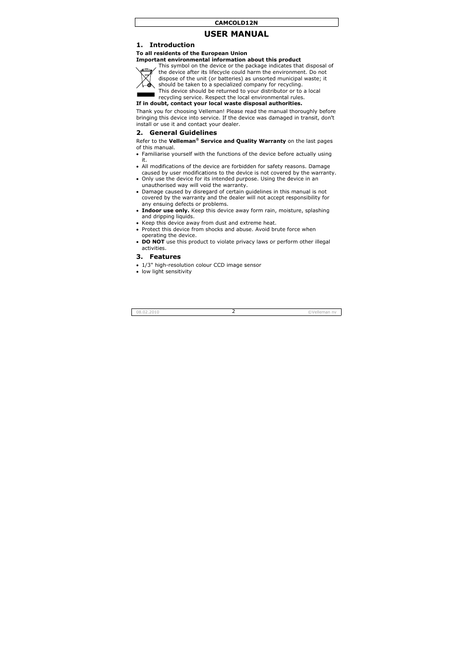 User man, Nual | Velleman CAMCOLD12N User Manual | Page 2 / 21