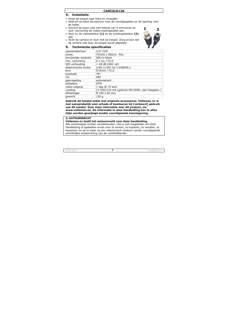 Velleman CAMCOLD12N User Manual | Page 5 / 21