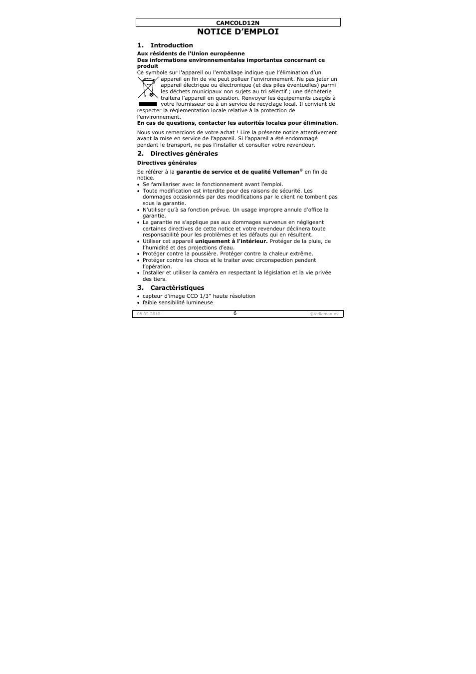 Otice d’e, Emploi | Velleman CAMCOLD12N User Manual | Page 6 / 21