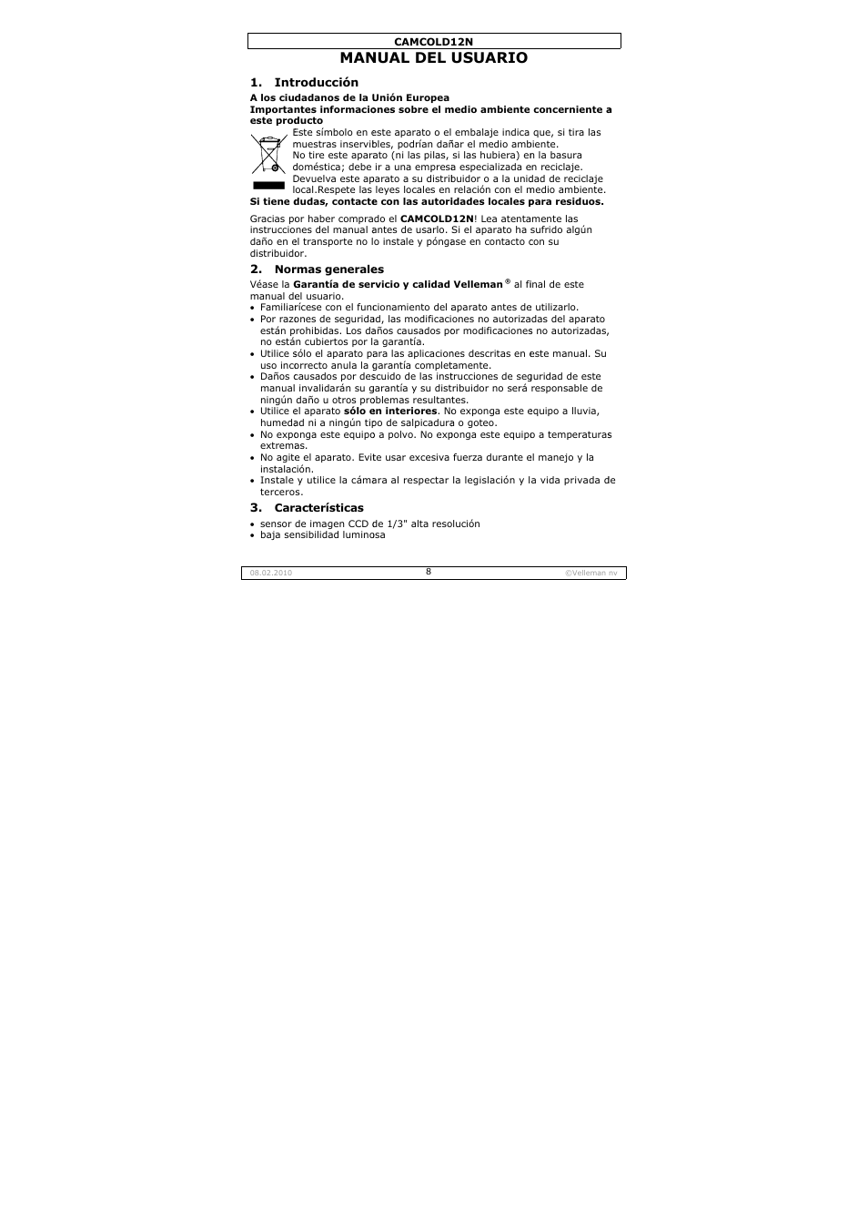 Nual del, Usuario | Velleman CAMCOLD12N User Manual | Page 8 / 21