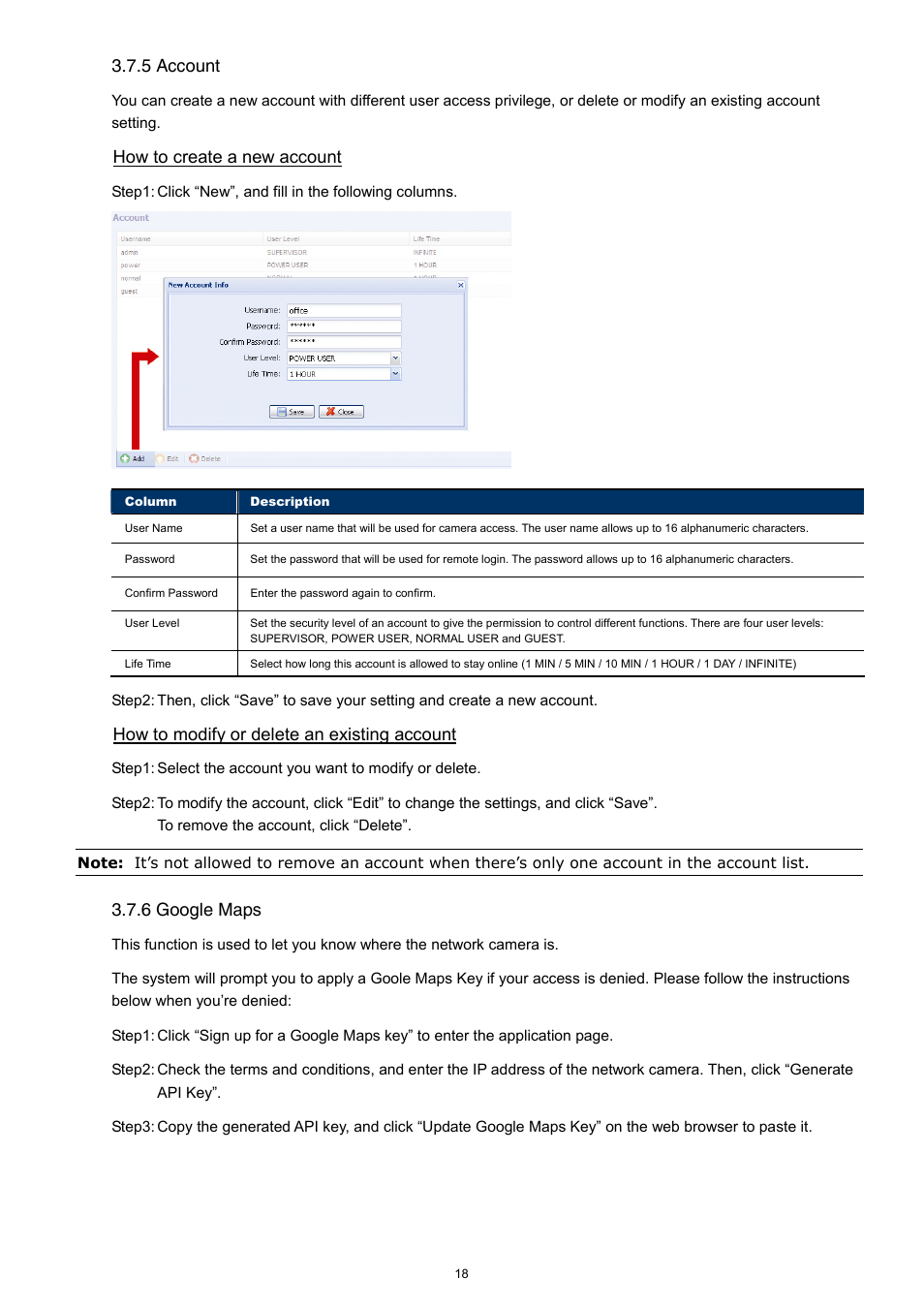 5 account, How to create a new account, How to modify or delete an existing account | 6 google maps | Velleman CAMIP11 Quick Installation Guide User Manual | Page 23 / 65