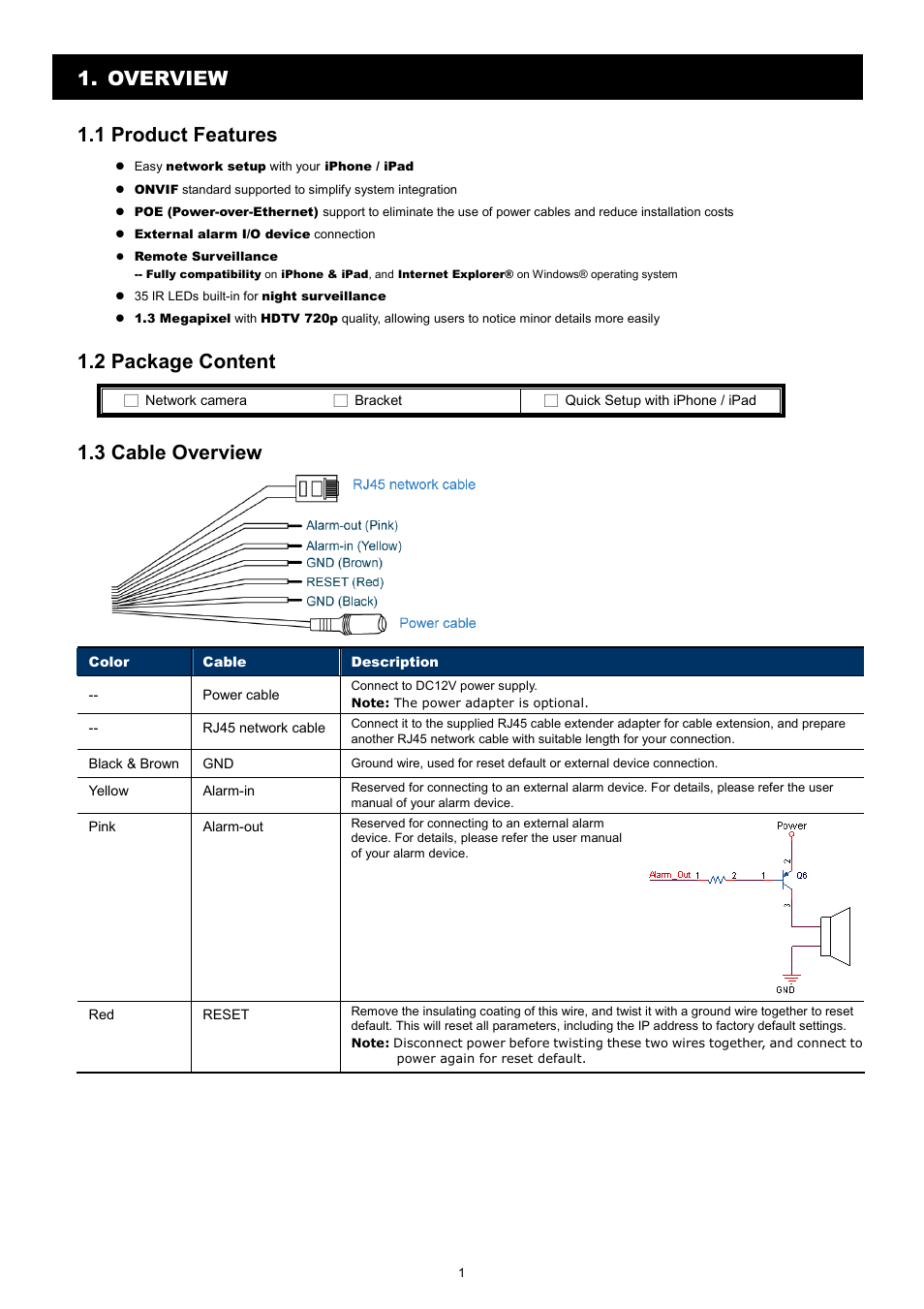 Overview 1.1 product features, 2 package content, 3 cable overview | Velleman CAMIP11 Quick Installation Guide User Manual | Page 6 / 65