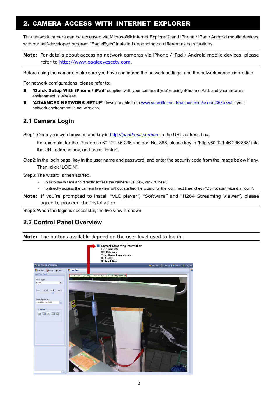 Camera access with internet explorer, 1 camera login, 2 control panel overview | Velleman CAMIP11 Quick Installation Guide User Manual | Page 7 / 65