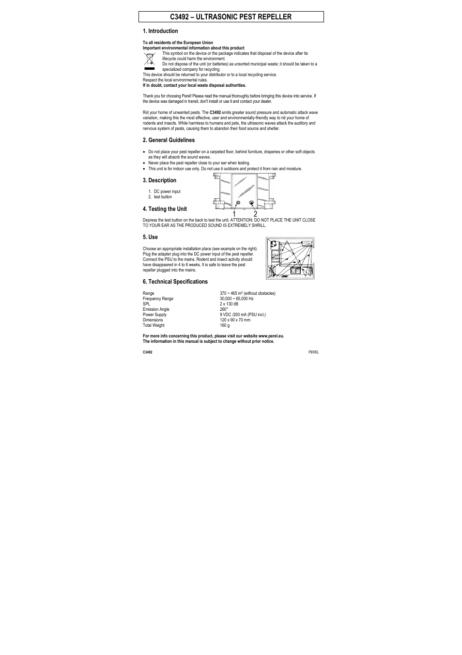 C3492 – ultrasonic pest repeller | Velleman C3492 User Manual | Page 2 / 8