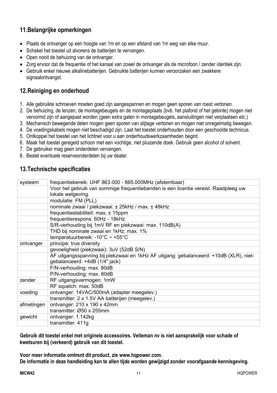 Belangrijke opmerkingen, Reiniging en onderhoud, Technische specificaties | Velleman MICW42 User Manual | Page 11 / 36