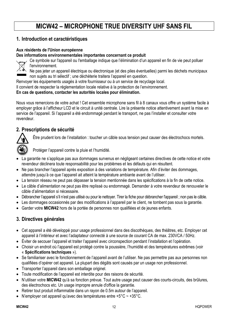 Micw42 – microphone true diversity uhf sans fil | Velleman MICW42 User Manual | Page 12 / 36