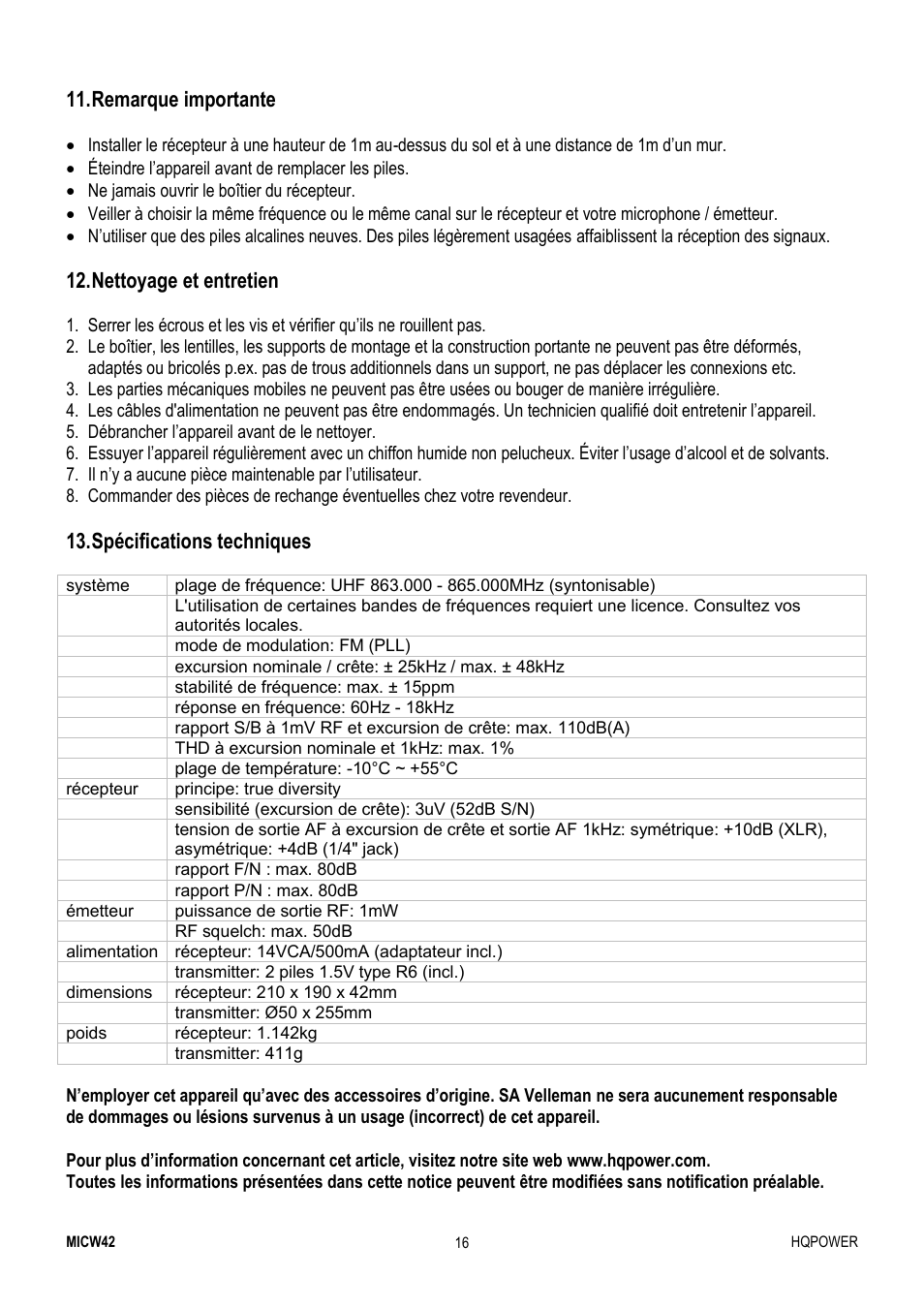 Remarque importante, Nettoyage et entretien, Spécifications techniques | Velleman MICW42 User Manual | Page 16 / 36
