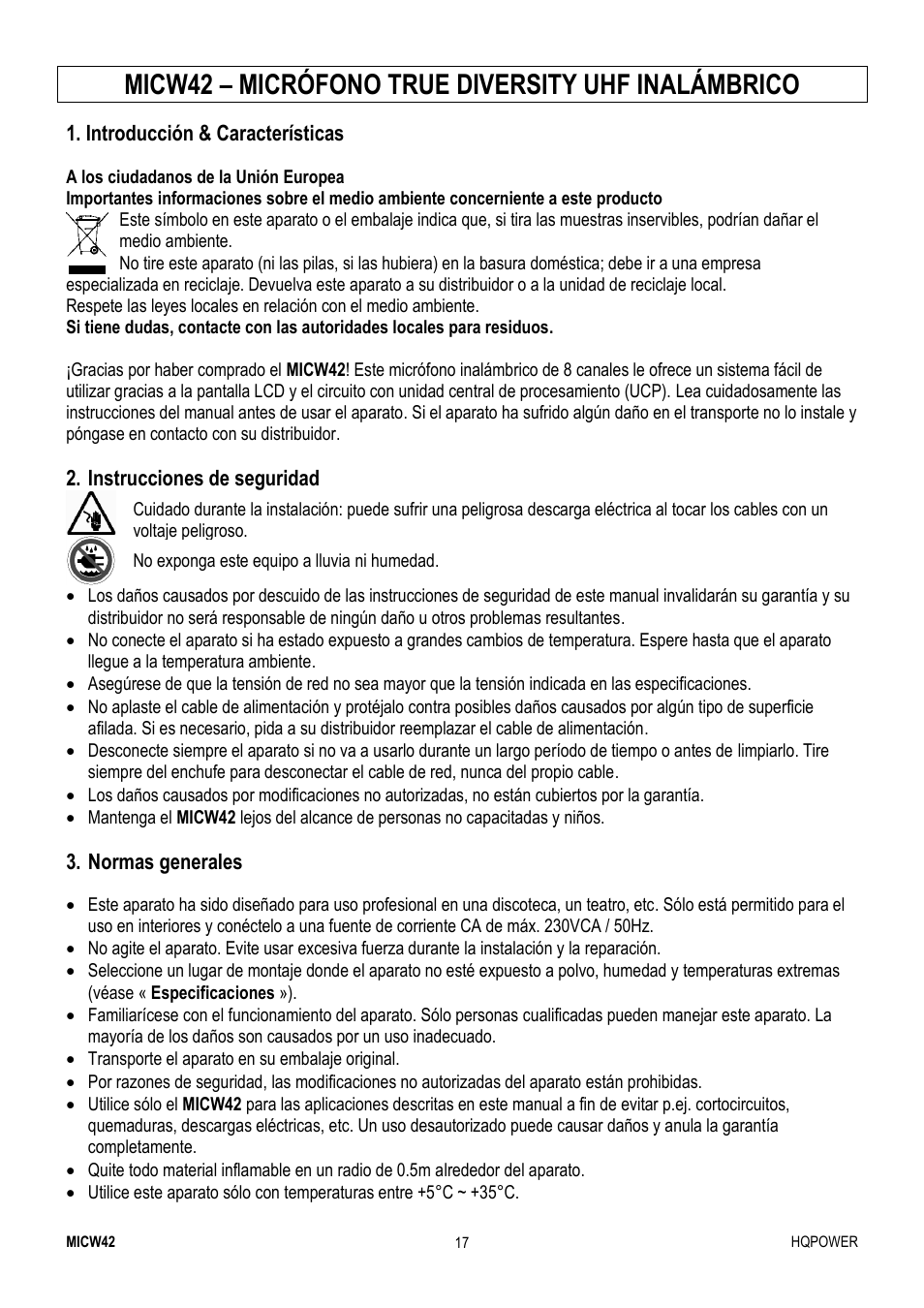 Micw42 – micrófono true diversity uhf inalámbrico | Velleman MICW42 User Manual | Page 17 / 36