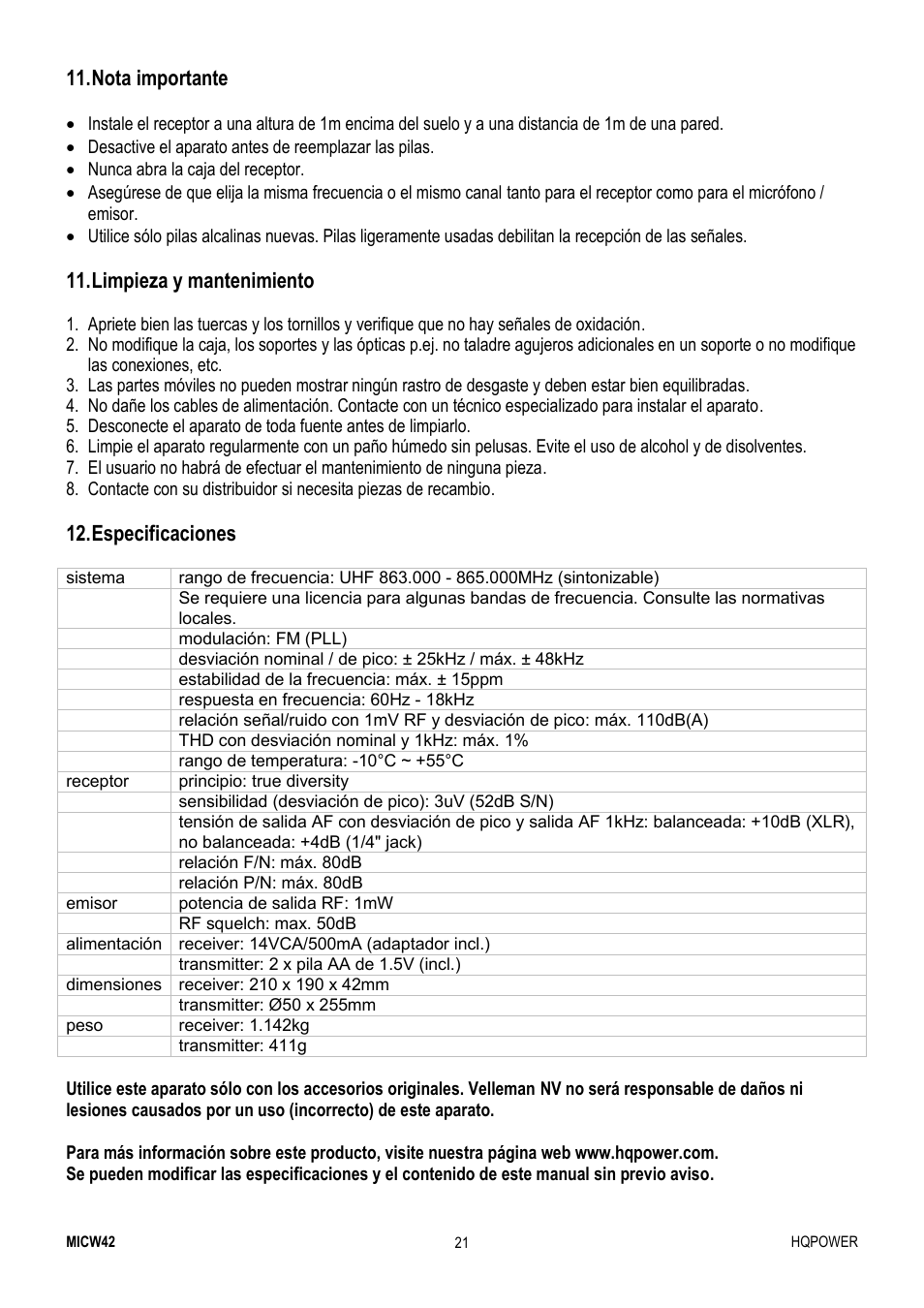 Nota importante, Limpieza y mantenimiento, Especificaciones | Velleman MICW42 User Manual | Page 21 / 36