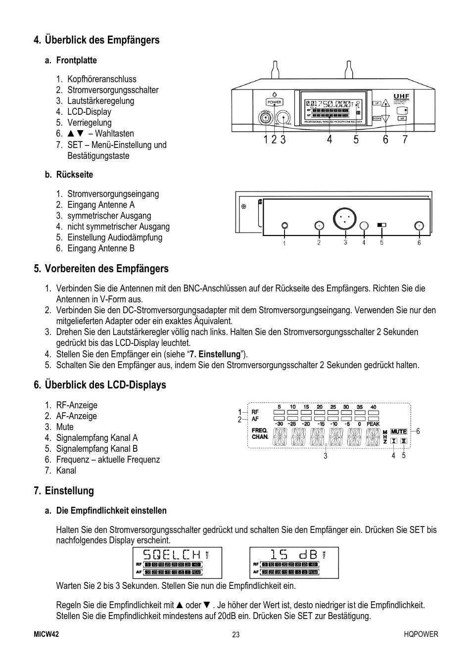 Überblick des empfängers, Vorbereiten des empfängers, Überblick des lcd-displays | Einstellung | Velleman MICW42 User Manual | Page 23 / 36