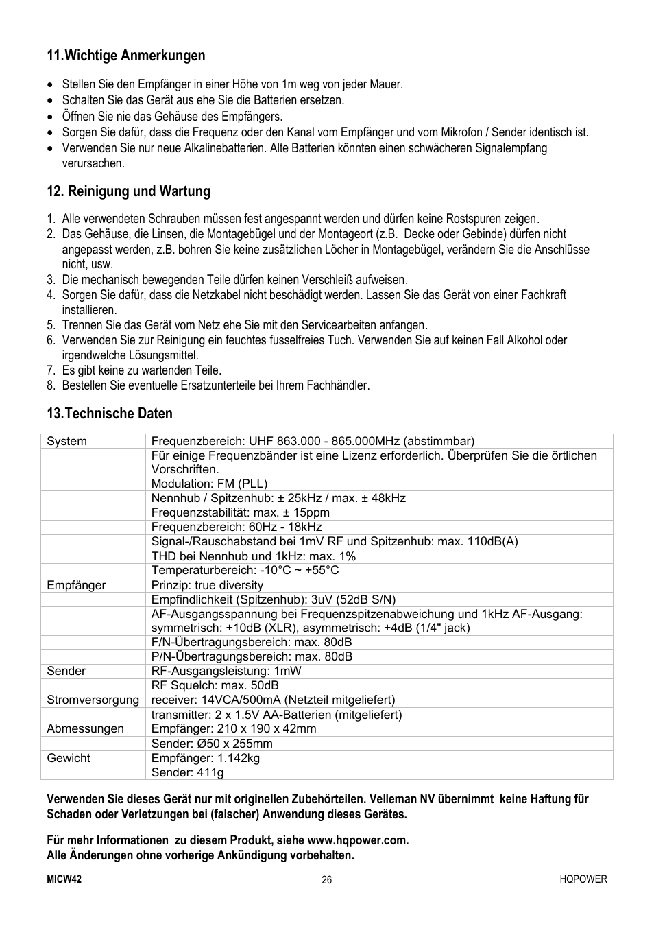 Wichtige anmerkungen, Reinigung und wartung, Technische daten | Velleman MICW42 User Manual | Page 26 / 36