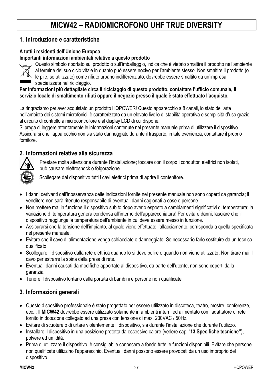 Micw42 – radiomicrofono uhf true diversity | Velleman MICW42 User Manual | Page 27 / 36