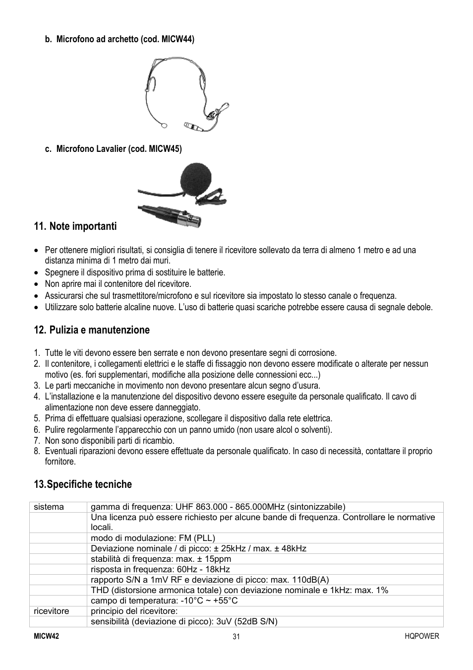 Pulizia e manutenzione, Specifiche tecniche | Velleman MICW42 User Manual | Page 31 / 36