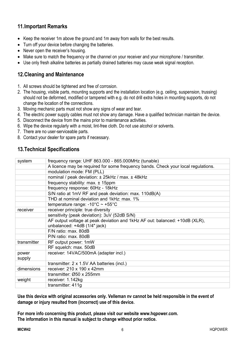 Important remarks, Cleaning and maintenance, Technical specifications | Velleman MICW42 User Manual | Page 6 / 36