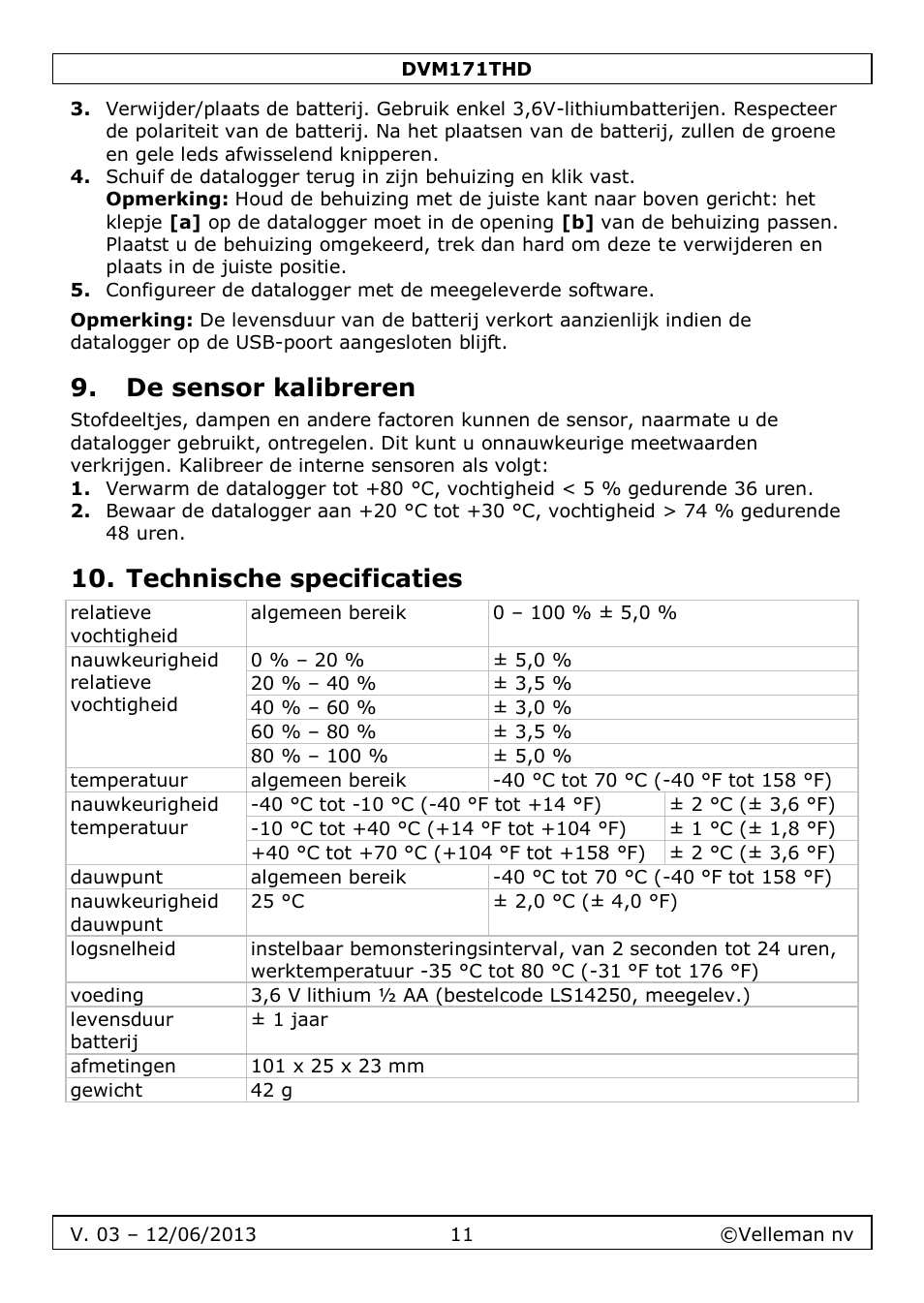 De sensor kalibreren, Technische specificaties | Velleman DVM171THD User Manual | Page 11 / 40