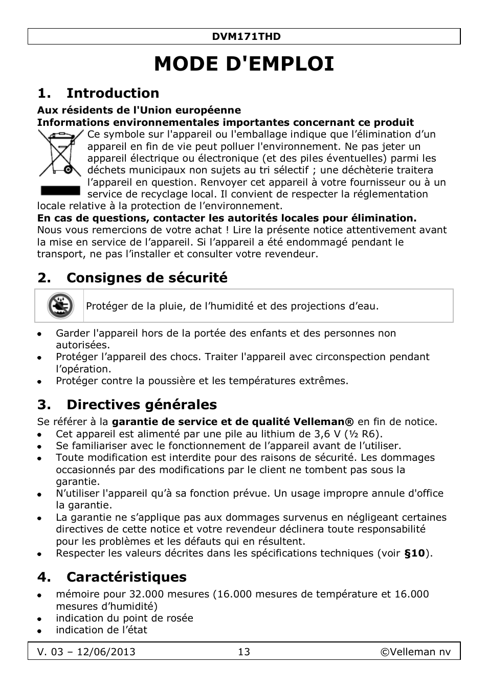 Mode d'emploi, Introduction, Consignes de sécurité | Directives générales, Caractéristiques | Velleman DVM171THD User Manual | Page 13 / 40