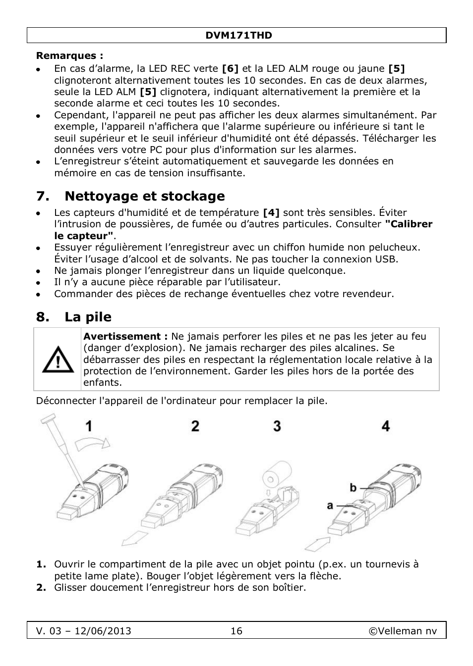Remarques, Nettoyage et stockage, La pile | Velleman DVM171THD User Manual | Page 16 / 40