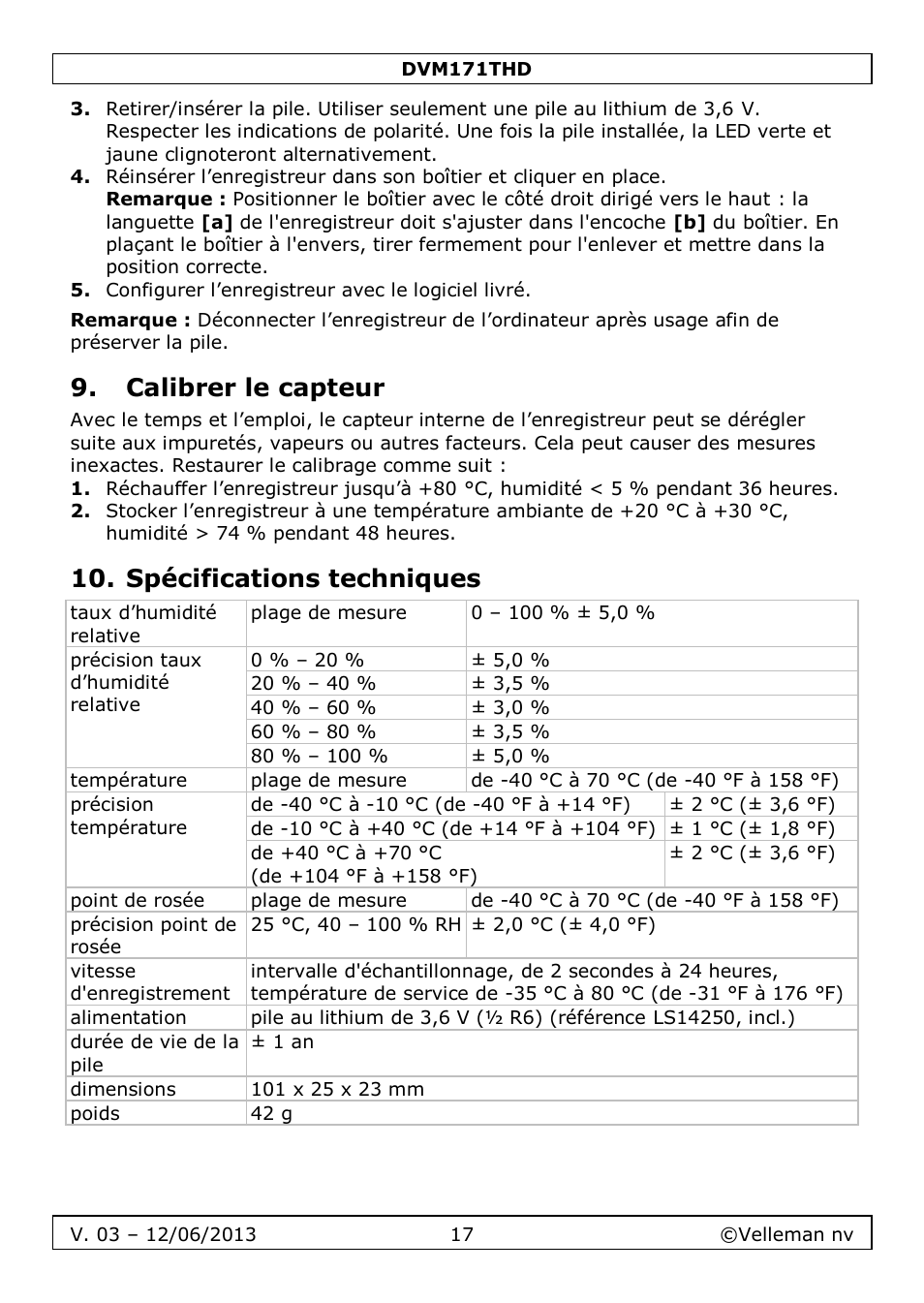 Calibrer le capteur, Spécifications techniques | Velleman DVM171THD User Manual | Page 17 / 40