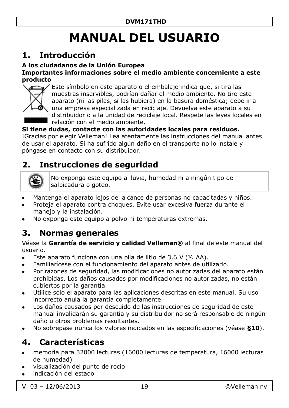 Manual del usuario, Introducción, Instrucciones de seguridad | Normas generales, Características | Velleman DVM171THD User Manual | Page 19 / 40