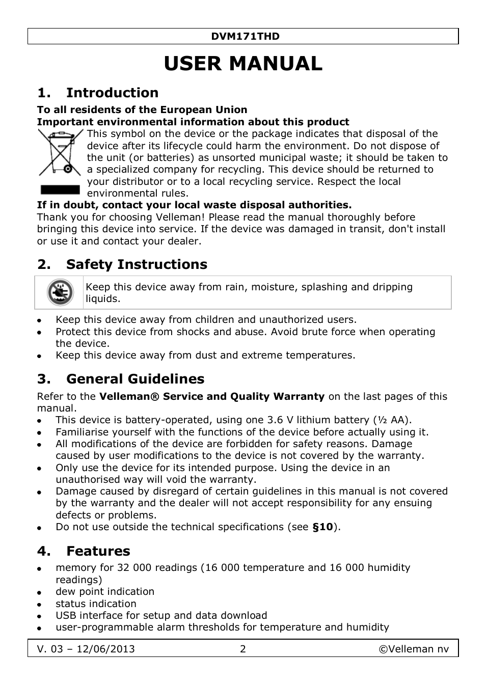 User manual, Introduction, Safety instructions | General guidelines, Features | Velleman DVM171THD User Manual | Page 2 / 40