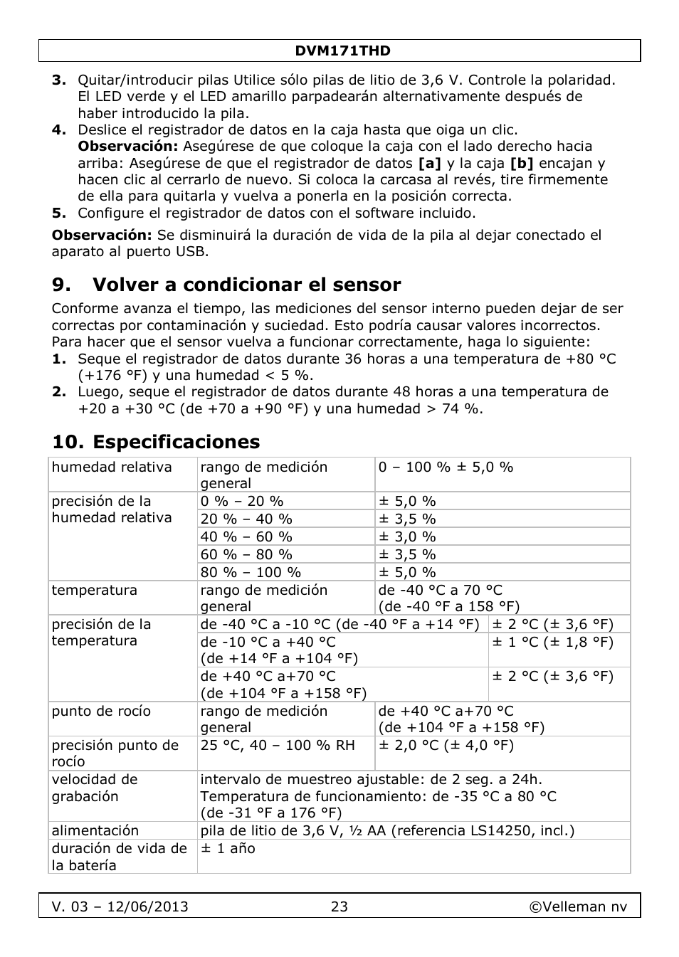 Volver a condicionar el sensor, Especificaciones | Velleman DVM171THD User Manual | Page 23 / 40