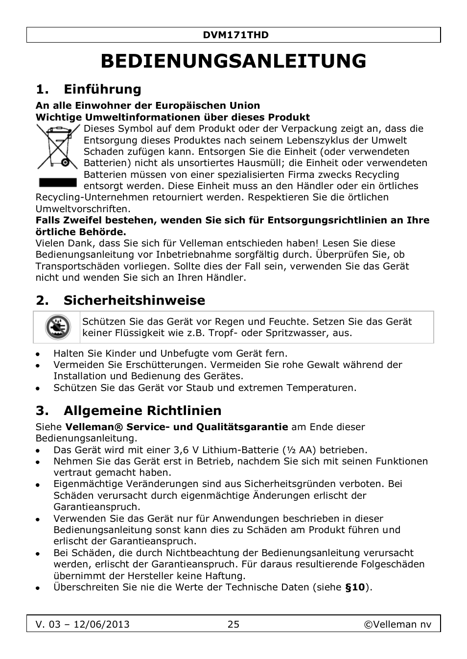 Bedienungsanleitung, Einführung, Sicherheitshinweise | Allgemeine richtlinien | Velleman DVM171THD User Manual | Page 25 / 40