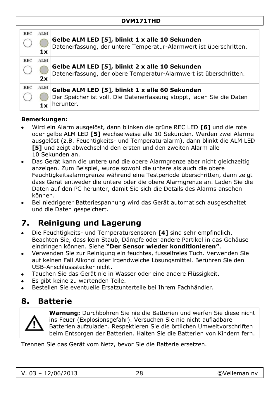 Bemerkungen, Reinigung und lagerung, Batterie | Velleman DVM171THD User Manual | Page 28 / 40