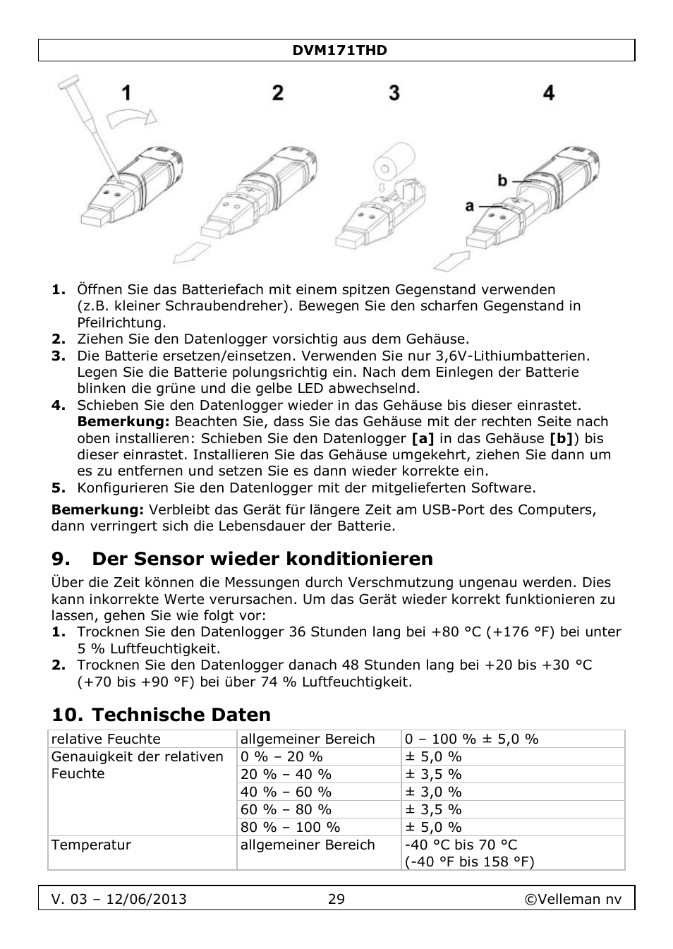 Der sensor wieder konditionieren, Technische daten | Velleman DVM171THD User Manual | Page 29 / 40