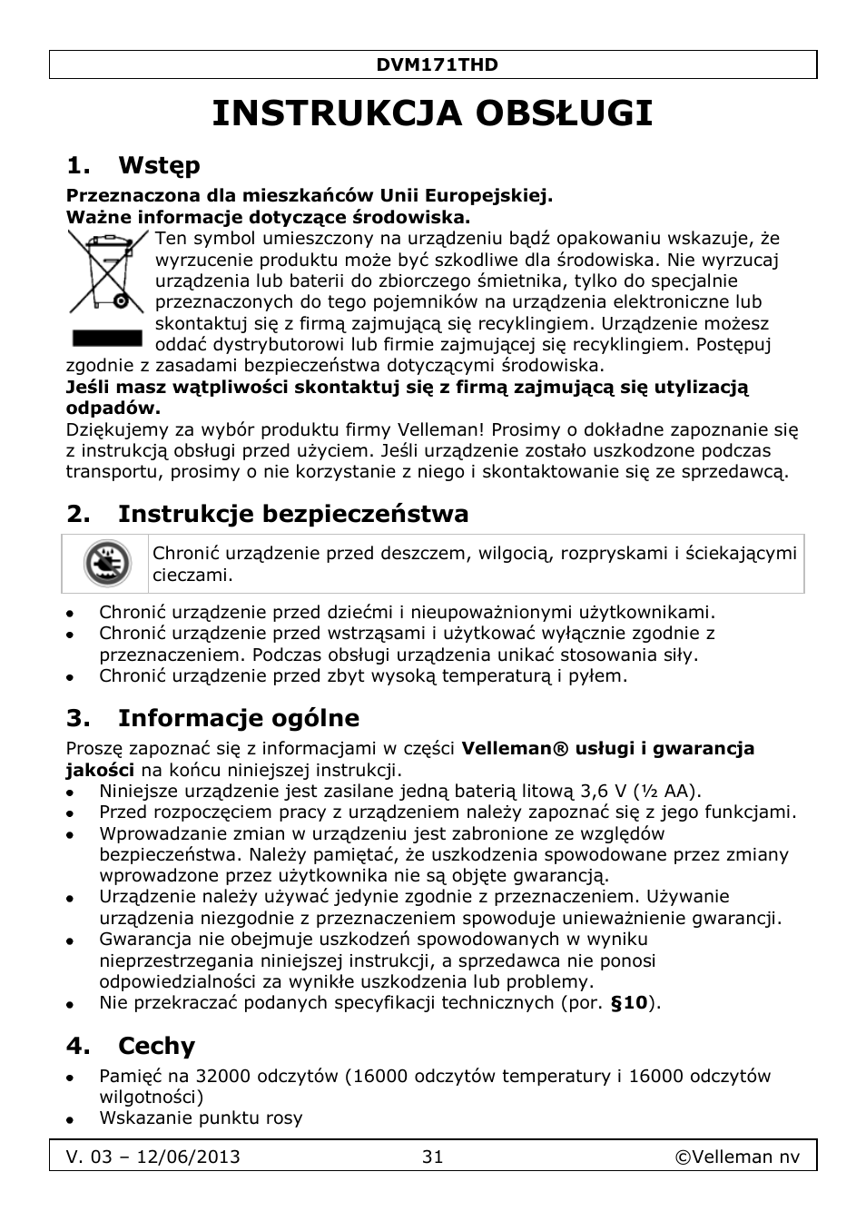 Instrukcja obsługi, Wstęp, Instrukcje bezpieczeństwa | Informacje ogólne, Cechy | Velleman DVM171THD User Manual | Page 31 / 40