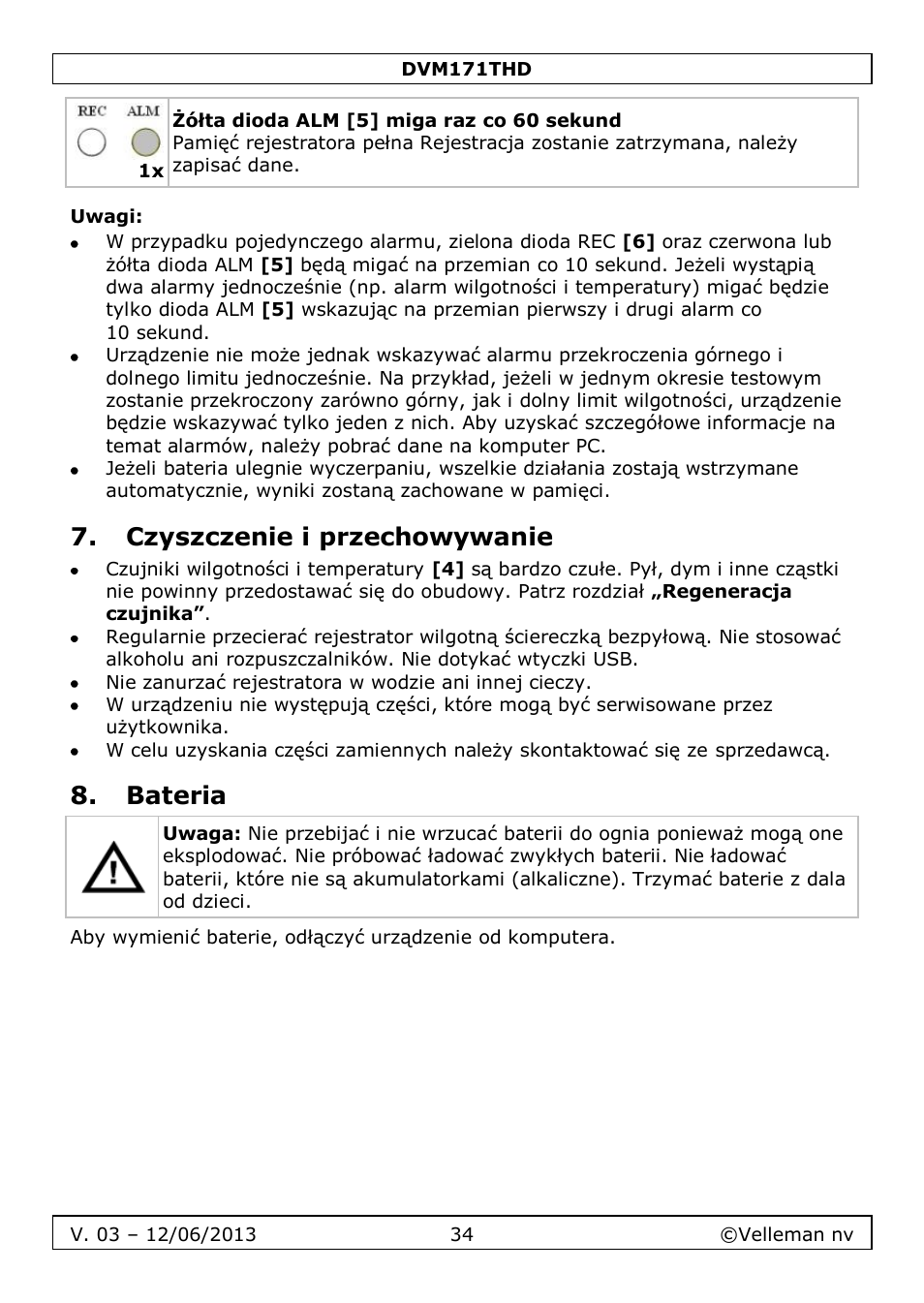 Uwagi, Czyszczenie i przechowywanie, Bateria | Velleman DVM171THD User Manual | Page 34 / 40