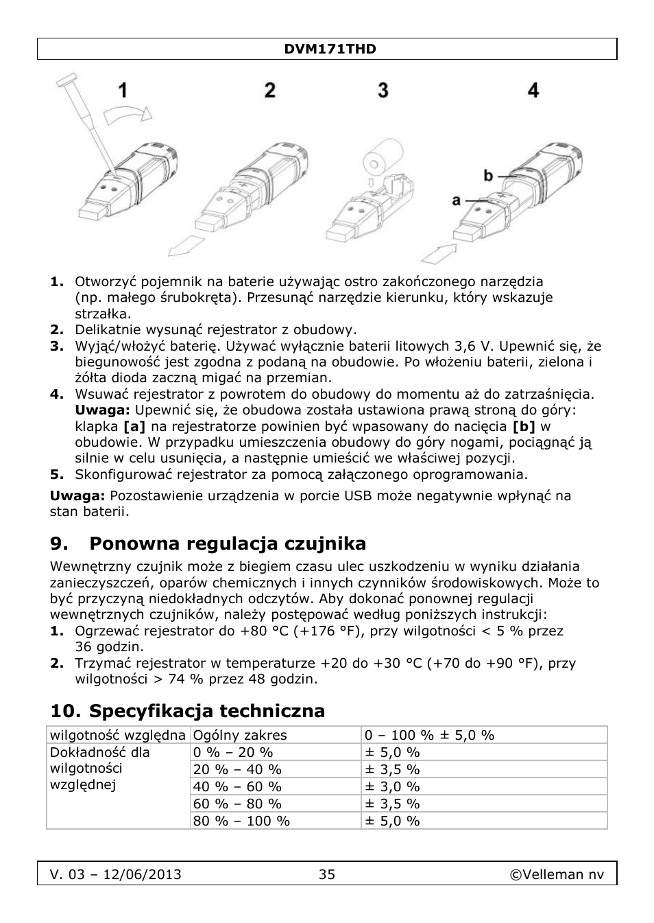 Ponowna regulacja czujnika, Specyfikacja techniczna | Velleman DVM171THD User Manual | Page 35 / 40