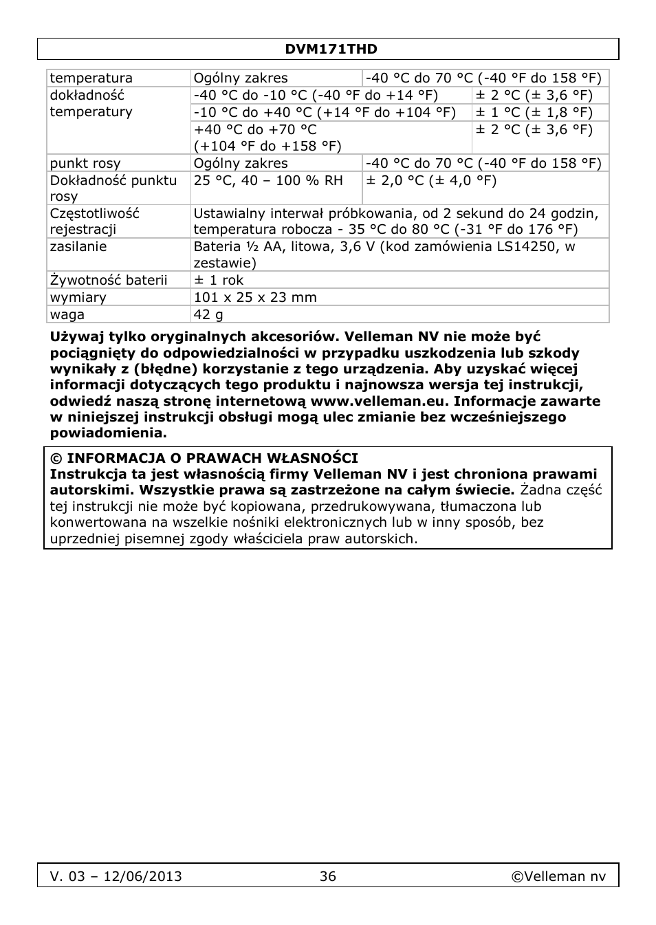 Velleman DVM171THD User Manual | Page 36 / 40