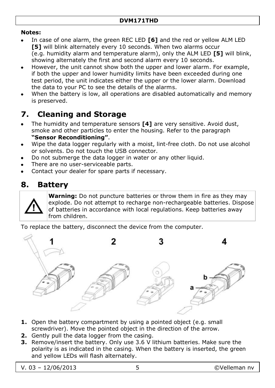 Notes, Cleaning and storage, Battery | Velleman DVM171THD User Manual | Page 5 / 40