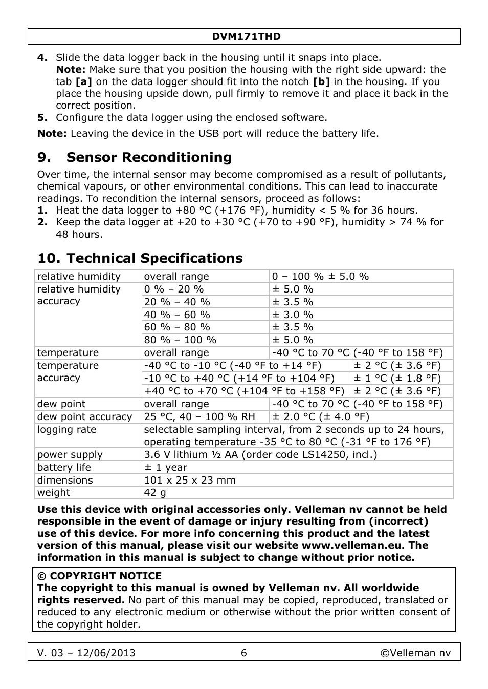 Sensor reconditioning, Technical specifications | Velleman DVM171THD User Manual | Page 6 / 40