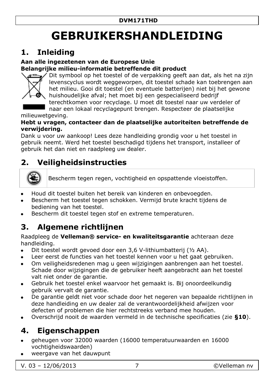 Gebruikershandleiding, Inleiding, Veiligheidsinstructies | Algemene richtlijnen, Eigenschappen | Velleman DVM171THD User Manual | Page 7 / 40