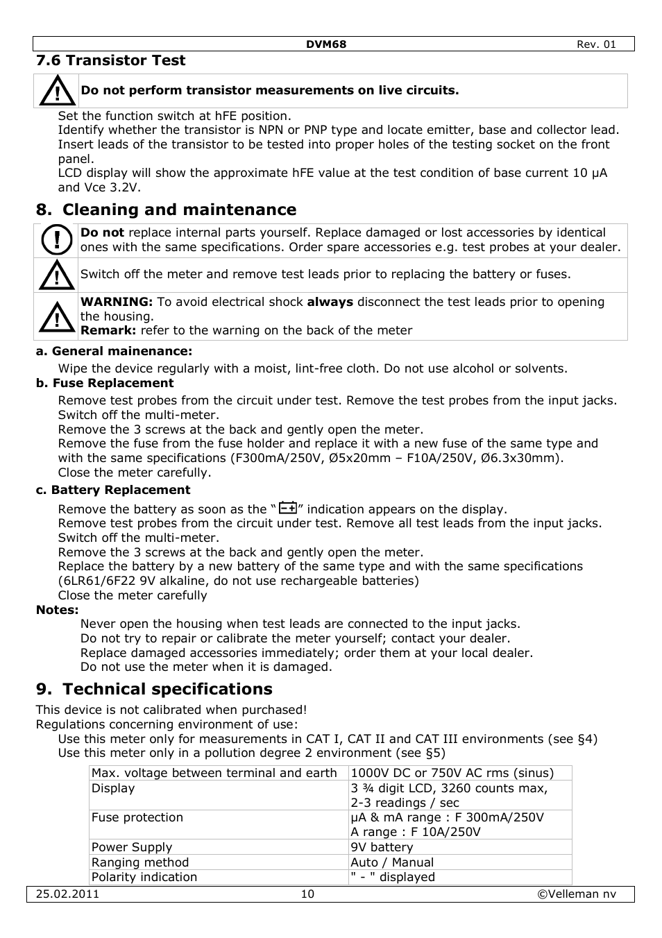 Cleaning and maintenance, Technical specifications | Velleman DVM68 User Manual | Page 10 / 55